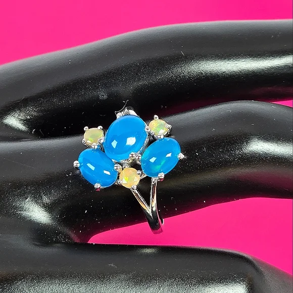 925 Sterling Silver Ring with Natural Oval Blue Opal 8x6mm & Fire Opal Gemstones - Picture 3 of 14